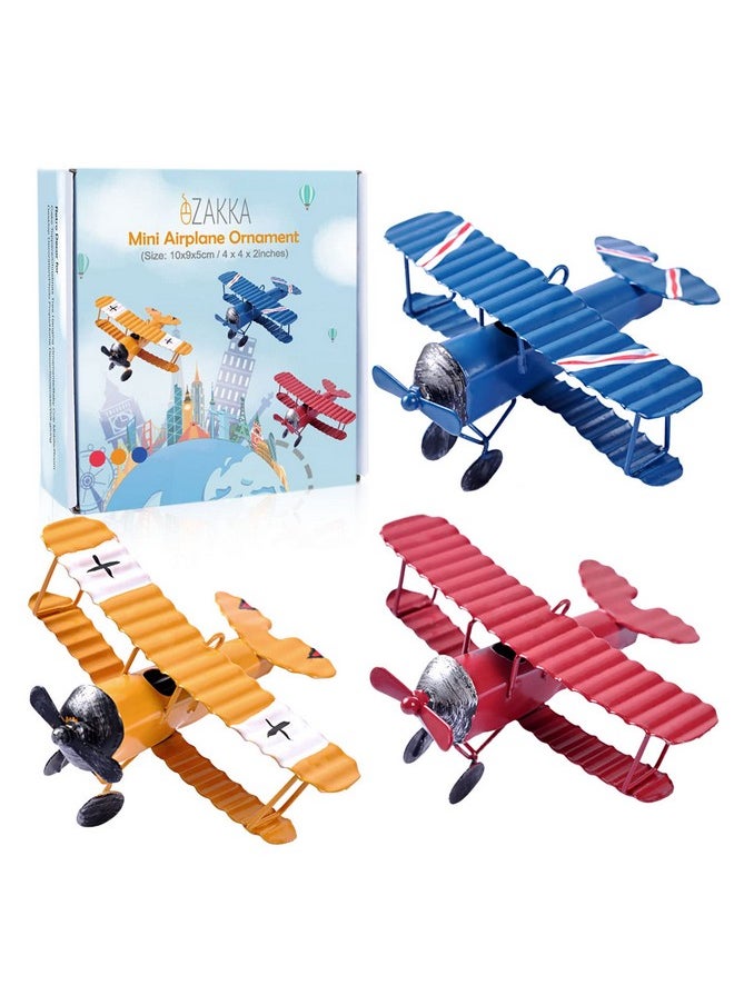 Vintage Airplane Decor Mini Small Model Plane Metal Hanging Airplane Biplane Ornament For Christmas Decorations Home Room Decor Birthday Gifts Cake Topper, 3 Color, 3 Pack