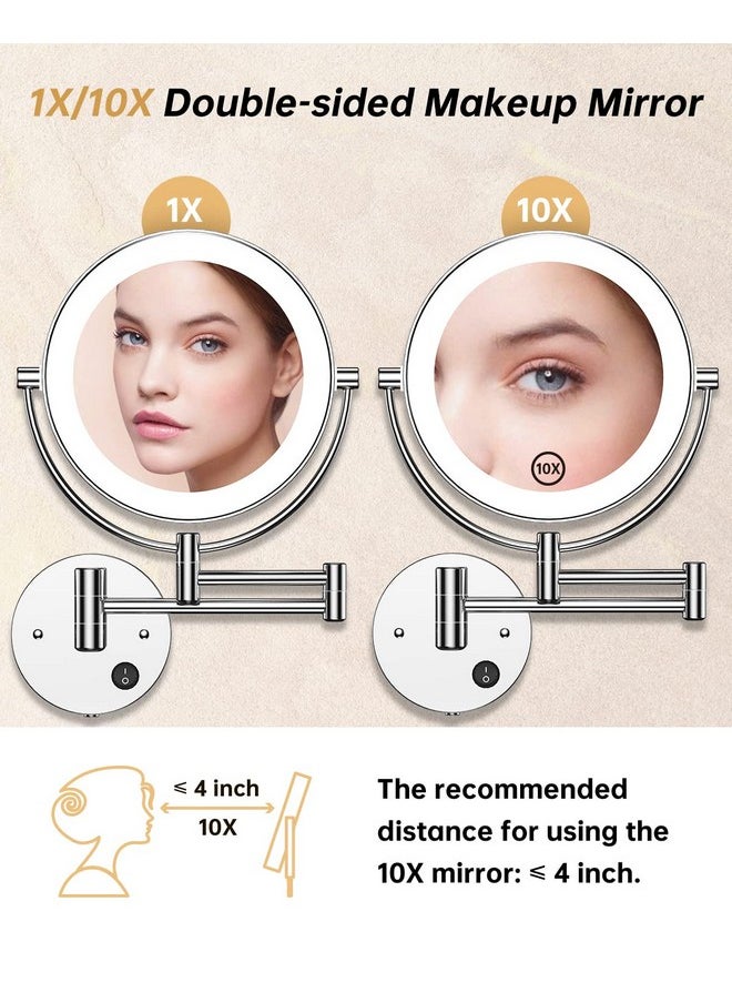 8.5 Inch Led Wall Mounted Makeup Mirror Round Double Sided 1X/10X Magnifying Vanity Mirror With Lights 360 Degree Swivel Lighted Cosmetic Mirror (8.5 Inch-10X, Chrome Mirror With Led)