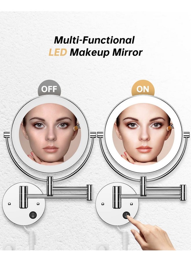 8.5 Inch Led Wall Mounted Makeup Mirror Round Double Sided 1X/10X Magnifying Vanity Mirror With Lights 360 Degree Swivel Lighted Cosmetic Mirror (8.5 Inch-10X, Chrome Mirror With Led)