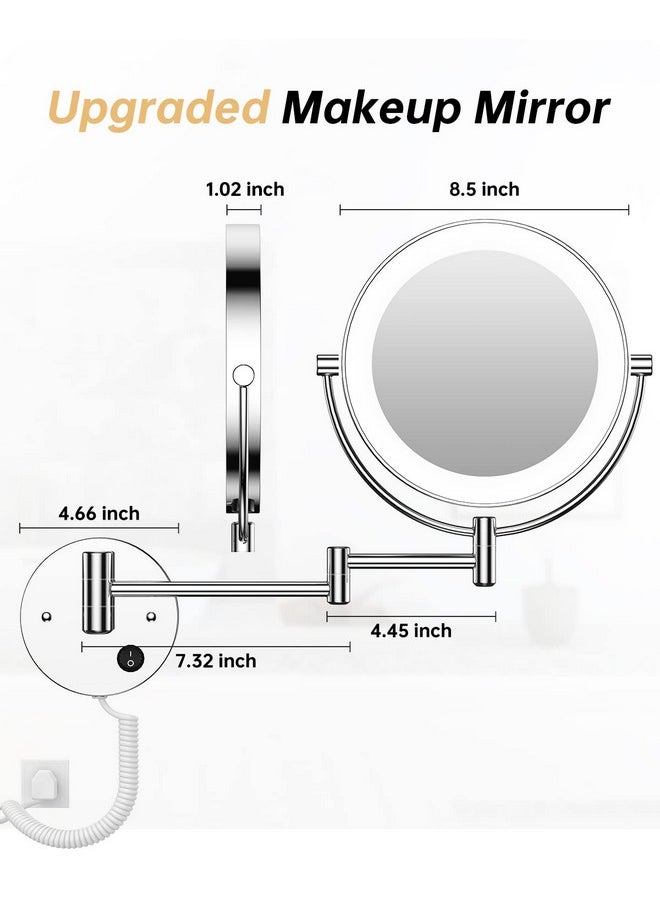 8.5 Inch Led Wall Mounted Makeup Mirror Round Double Sided 1X/10X Magnifying Vanity Mirror With Lights 360 Degree Swivel Lighted Cosmetic Mirror (8.5 Inch-10X, Chrome Mirror With Led)