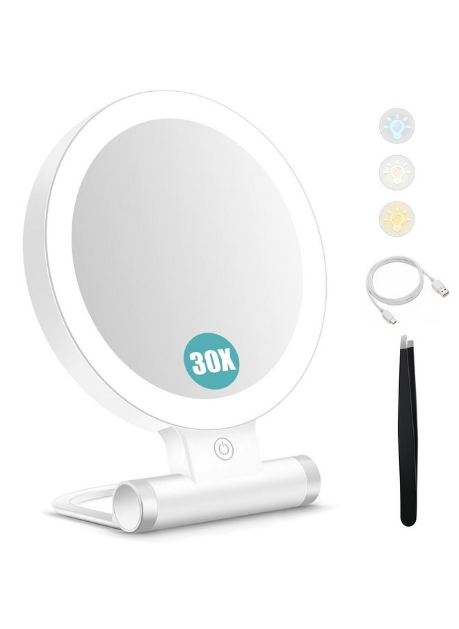 Magnifying Mirror With Light 30X, Double-Sided 1X/ 30X Magnifying Makeup Mirror With Tweezer, 2000Mah 3 Colour Modes With Adjustable Brightness,Foldable Compact Travel Mirror