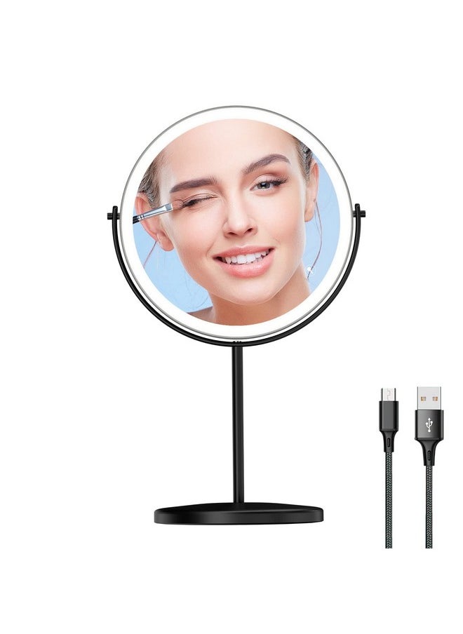 8” Lighted Makeup Mirror, 1X 10X Magnifying Mirror With Light, Double Sided Vanity Mirror With Lights, 3 Color Led Dimmable 2000Mah Rechargeable Light Up Magnifying Mirror Black