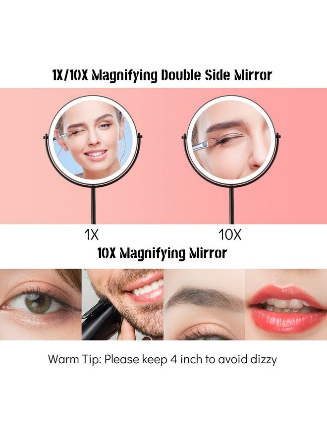8” Lighted Makeup Mirror, 1X 10X Magnifying Mirror With Light, Double Sided Vanity Mirror With Lights, 3 Color Led Dimmable 2000Mah Rechargeable Light Up Magnifying Mirror Black