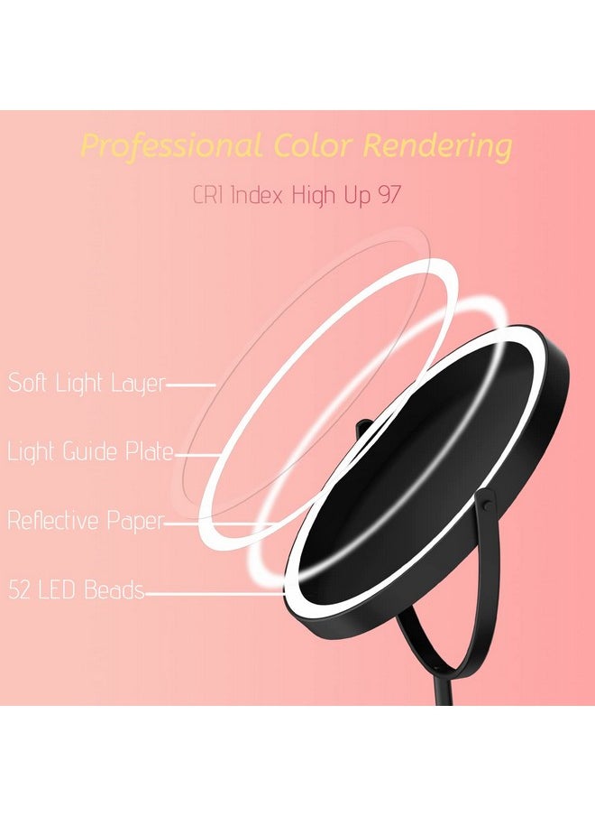 8” Lighted Makeup Mirror, 1X 10X Magnifying Mirror With Light, Double Sided Vanity Mirror With Lights, 3 Color Led Dimmable 2000Mah Rechargeable Light Up Magnifying Mirror Black