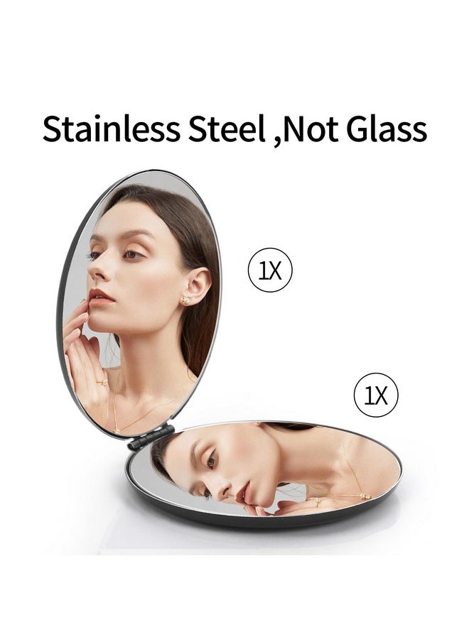 Compact Mirror Stainless Steel 【Not Glass 】 Makeup Pocket Mirror For Purses Sturdy And Drop Resistant Small Portable Hand Mirror Double-Sided Mirror For Man Woman Girls (Black)