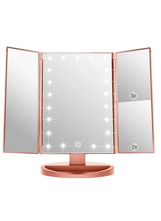 3 Folds Lighted Vanity Makeup Mirror,1X/2X/3X Magnification, 21 Led Light Bright Table Mirror With Touch Screen,180 Adjustable Rotation,Portable Travel Cosmetic Mirror