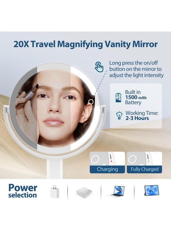 Rechargeable 20X Magnifying Mirror With Light, Lighted Makeup Mirror With 20X/1X Magnification, 3 Colors Light And Adjustable Brightness, Double Sided Vanity Mirror With Light For Bedroom