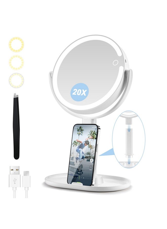 Rechargeable 20X Magnifying Mirror With Light, Lighted Makeup Mirror With 20X/1X Magnification, 3 Colors Light And Adjustable Brightness, Double Sided Vanity Mirror With Light For Bedroom