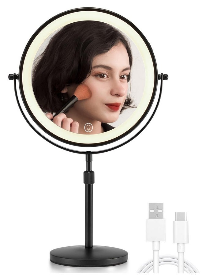 1X/10X Makeup Mirror With Lights,8.5 Inches Double Sided Vanity Mirror With Height-Adjustable Stand,Magnifying Mirror With 3 Color Light (Black)