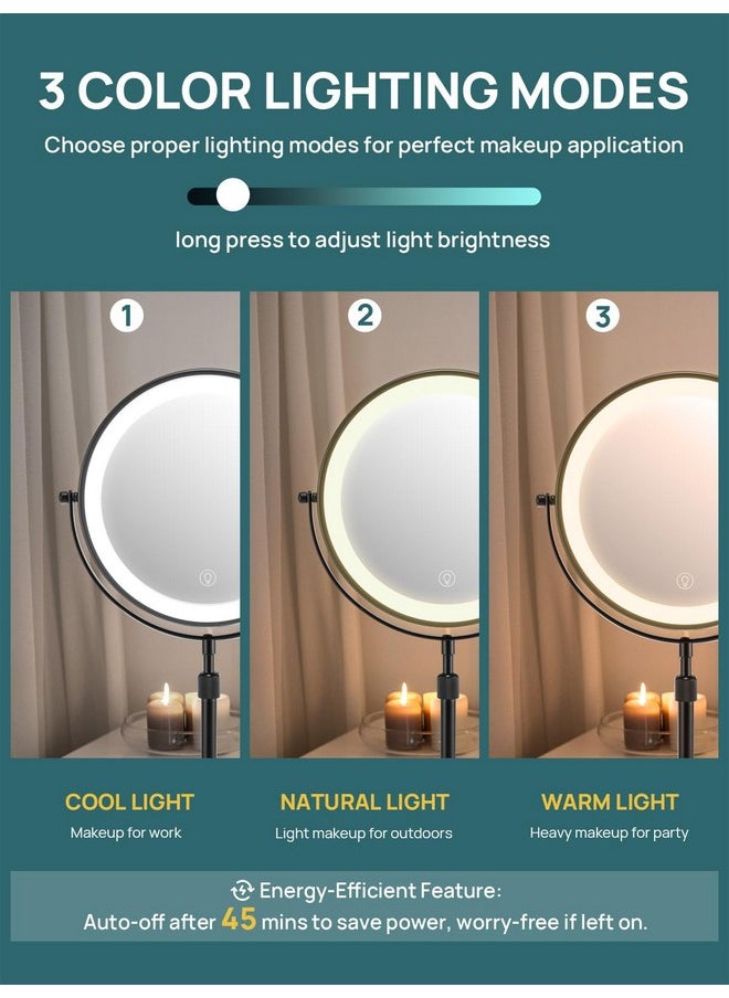 1X/10X Makeup Mirror With Lights,8.5 Inches Double Sided Vanity Mirror With Height-Adjustable Stand,Magnifying Mirror With 3 Color Light (Black)