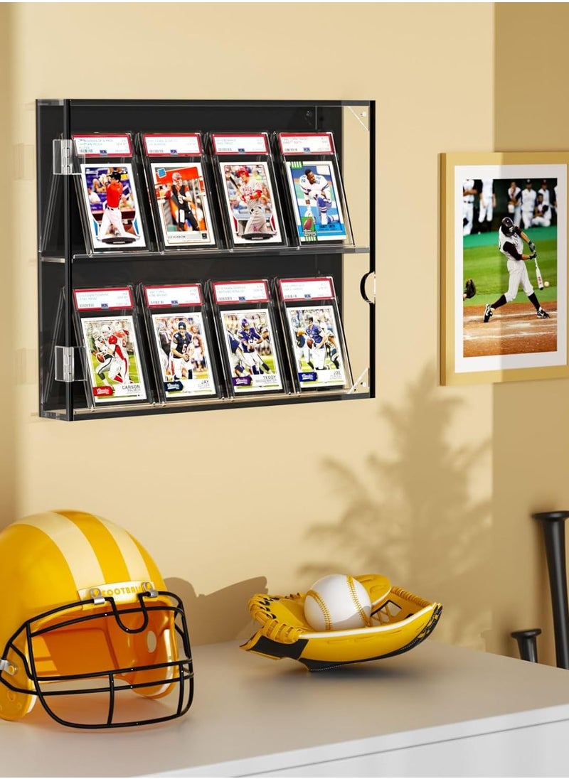 Acrylic Baseball Card Display Case, 8 Graded Card Display Frame Wall Mount with UV Protection Clear View, Sports Card Display Case with Magnetic Door for Football Basketball Hockey, Horizontal