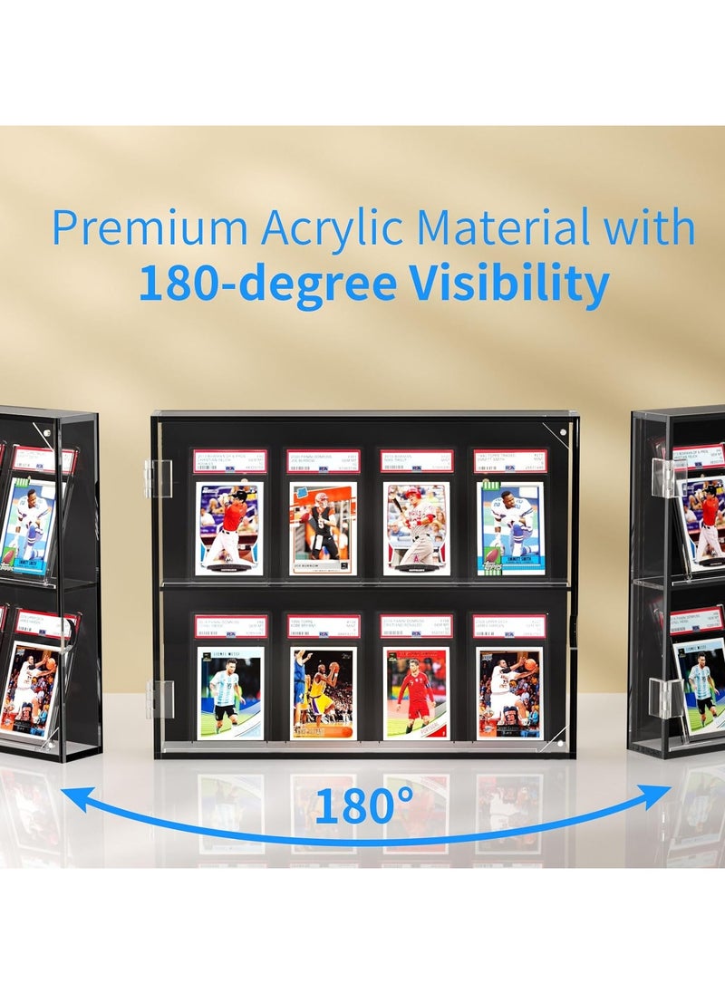 Acrylic Baseball Card Display Case, 8 Graded Card Display Frame Wall Mount with UV Protection Clear View, Sports Card Display Case with Magnetic Door for Football Basketball Hockey, Horizontal