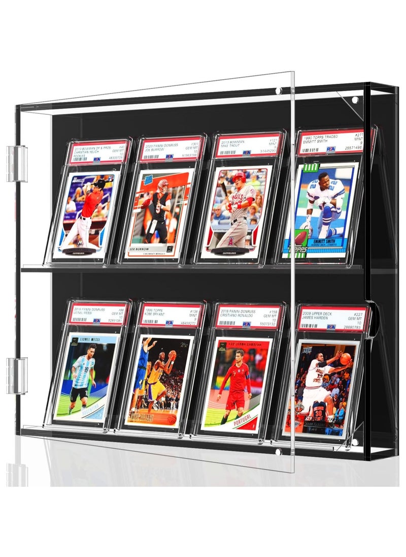 Acrylic Baseball Card Display Case, 8 Graded Card Display Frame Wall Mount with UV Protection Clear View, Sports Card Display Case with Magnetic Door for Football Basketball Hockey, Horizontal