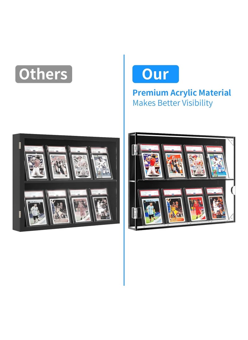 Acrylic Baseball Card Display Case, 8 Graded Card Display Frame Wall Mount with UV Protection Clear View, Sports Card Display Case with Magnetic Door for Football Basketball Hockey, Horizontal