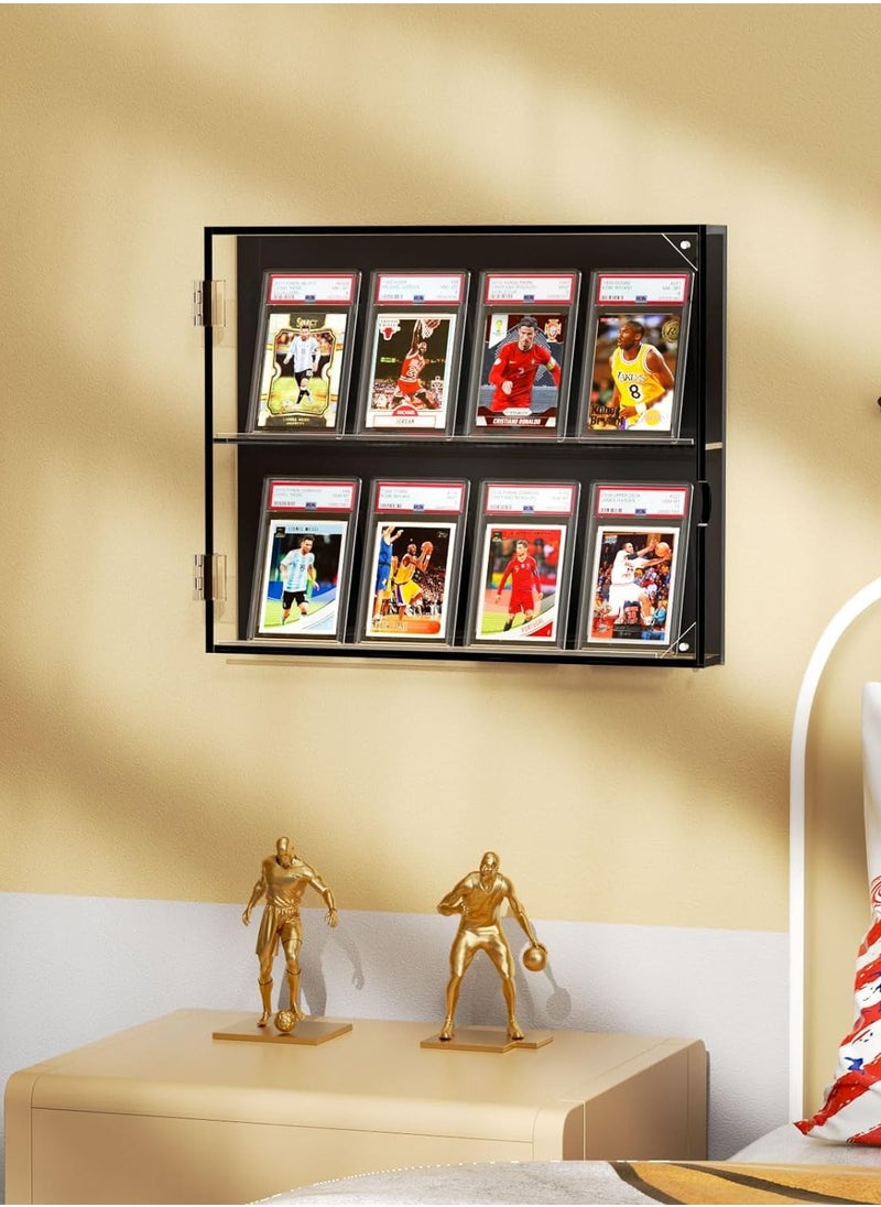 Acrylic Baseball Card Display Case, 8 Graded Card Display Frame Wall Mount with UV Protection Clear View, Sports Card Display Case with Magnetic Door for Football Basketball Hockey, Horizontal