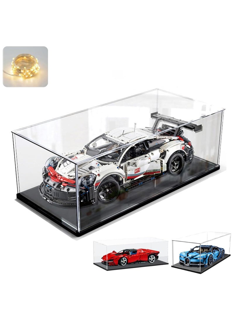 Acrylic Display Case for Collection for Lego Figurine, Thickened Transparent Box Plexiglas Showcases and Storage with Wood-Plastic Base & Light, Black Interior 60 x 30 x 20 cm