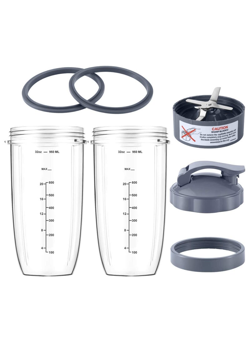 7 Pieces Nutribullet Blender Cups & Blade Replacement Set 32oz Huge Cup with 1 Flip-Top To-Go Lid and 1 Lid Ring & Premium Extractor Blade with Compatible with Nutribullet 600w/900w Blender