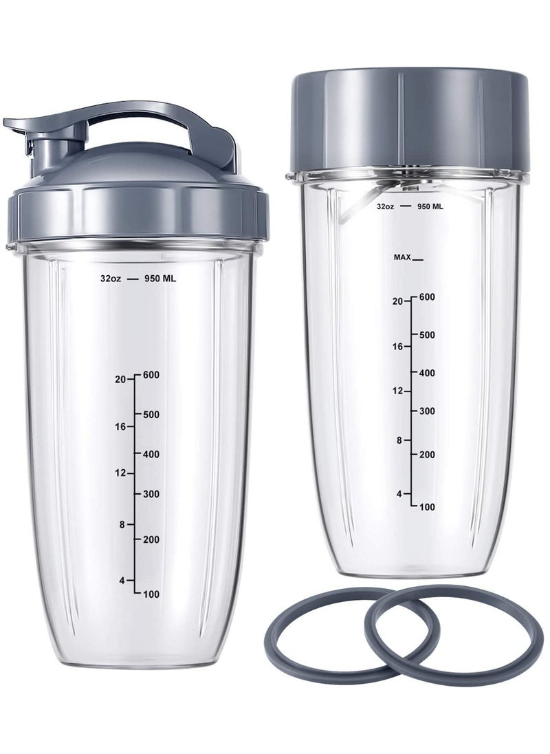 7 Pieces Nutribullet Blender Cups & Blade Replacement Set 32oz Huge Cup with 1 Flip-Top To-Go Lid and 1 Lid Ring & Premium Extractor Blade with Compatible with Nutribullet 600w/900w Blender