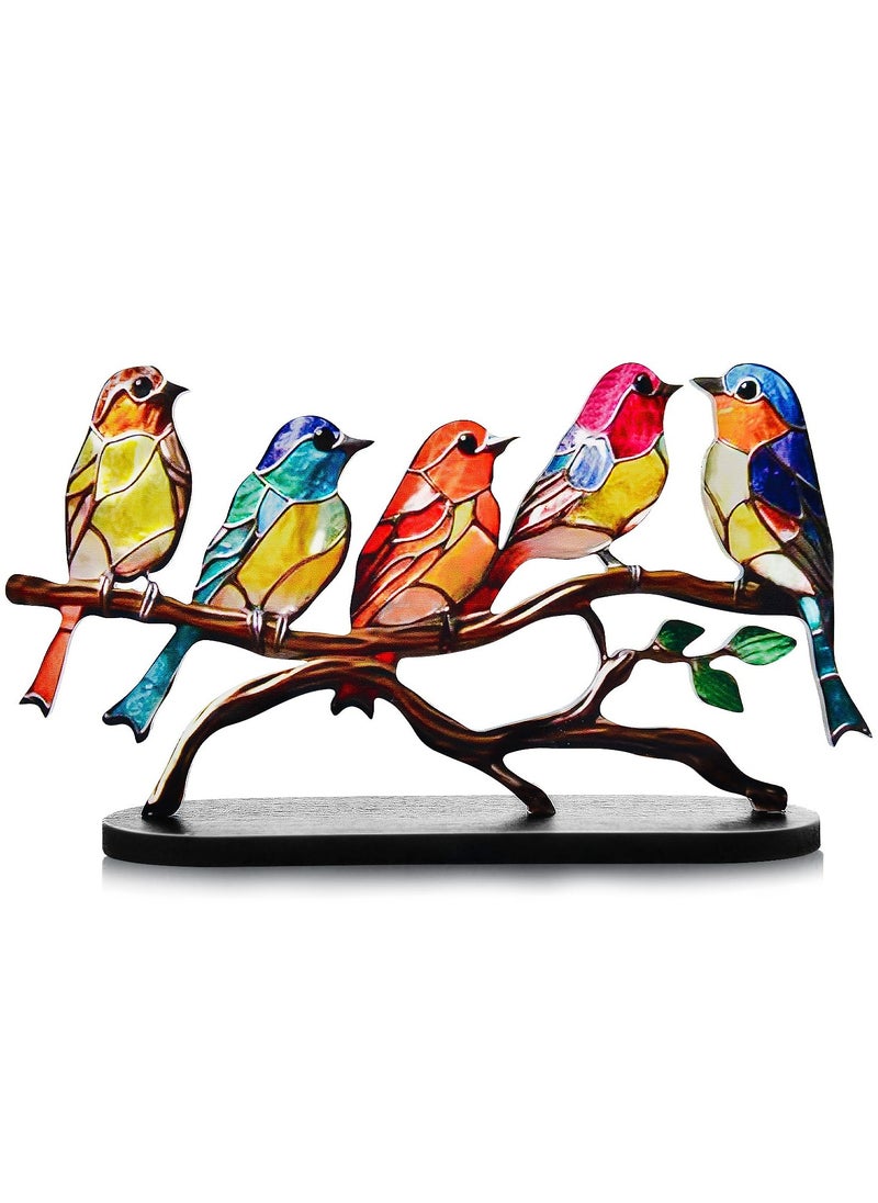 Stained Glass Birds on Branch Desktop Ornaments,Metal Vivid Craft Desktop Ornaments for Home Office Decor,Bird Series Metal Decorations, Gift for Housewarming Decor and Bird Lover (5 Birds)