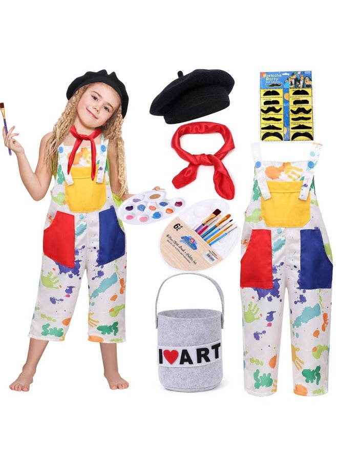 Kids Artist Costume With Overalls Beret Beard Bow Tie Paint Bucket Brush, Halloween Career Day Outfit For Boys Girls