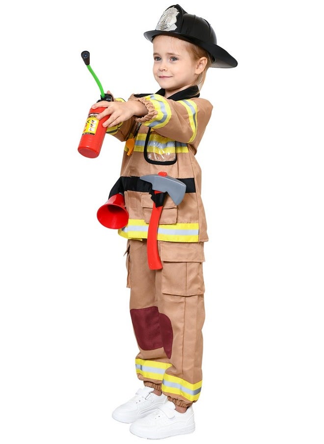 12Pcs Firefighter Costume For Kids, Brown Fireman Outfit With Complete Firefighter Accessories, Dress Up Pretend Play Toy Birthday Gift Halloween Costume For Boy Kid Toddler