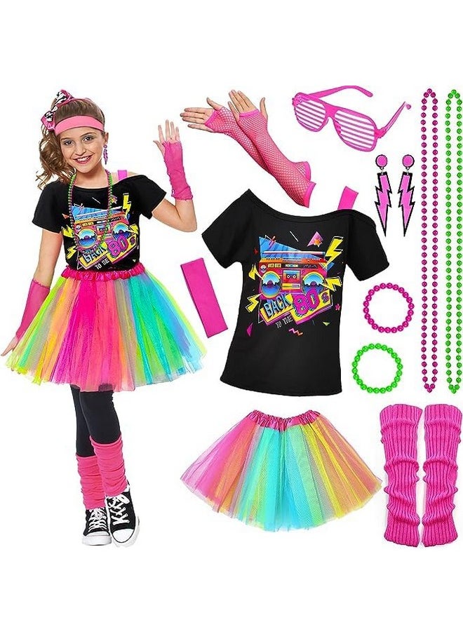 14Pcs Kids 80S Costume 5T-14 Accessories Set Halloween Party Fancy Outfits Cosplay 1980S Theme Retro Hop Hip Party For Girls Teen Tween Teenager 6 7 8 9 10 11 12 13