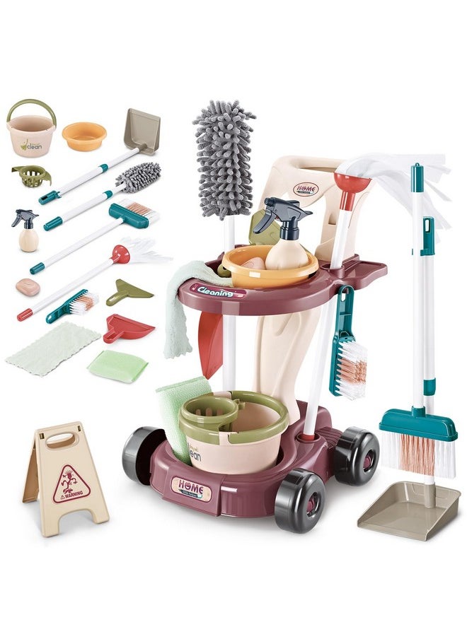 Kids Cleaning Set,Pretend Play Detachable Housekeeping Cart With Broom,Dust Pan,Spray Bottle Children House Cleaning Tools Toys,Educational Toddler Cleaning Carts