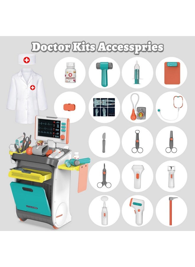 Doctor Kit For Kids Aged 3- 5, Toddlers Pretend Doctor Playset Role Play Toys With Cart Costume Stethoscope And Thermometer, Halloween Birthday Gift For Girls Boys (Blue)