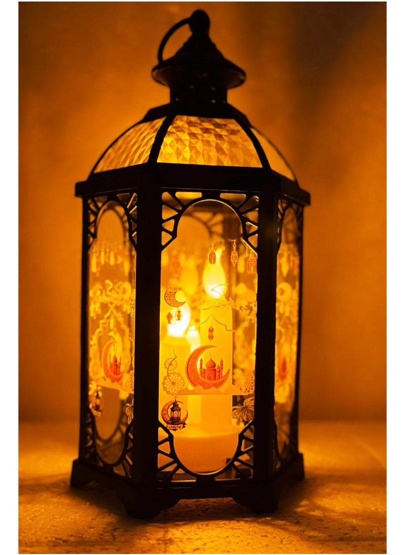 Ramadan Kareem Round Ramadan Lantern Hanging Lights with LED Candle – Battery Powered Ramadan Decorations for Home, Bedroom, Door, Wall & Window – Outdoor Hanging Gift Idea. Black Color