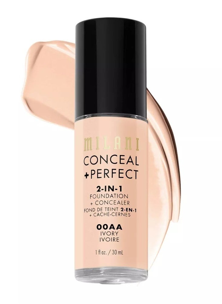 Milani Cosmetics Conceal + Perfect 2-In-1 Foundation + Concealer 00AA Ivory 30ml – Full Coverage, Lightweight, Long-Lasting, Water-Resistant, Oil-Free, Vegan & Cruelty-Free