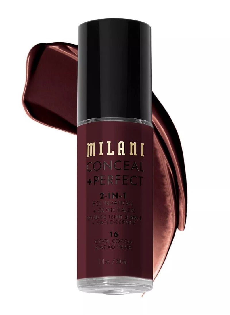 Milani Cosmetics Conceal + Perfect 2-In-1 Foundation + Concealer 16 Cool 30ml – Full Coverage, Lightweight, Long-Lasting, Water-Resistant, Oil-Free, Vegan & Cruelty-Free
