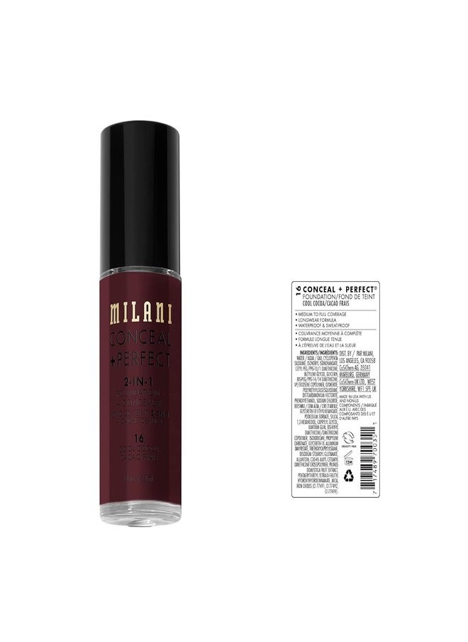 Milani Cosmetics Conceal + Perfect 2-In-1 Foundation + Concealer 16 Cool 30ml – Full Coverage, Lightweight, Long-Lasting, Water-Resistant, Oil-Free, Vegan & Cruelty-Free