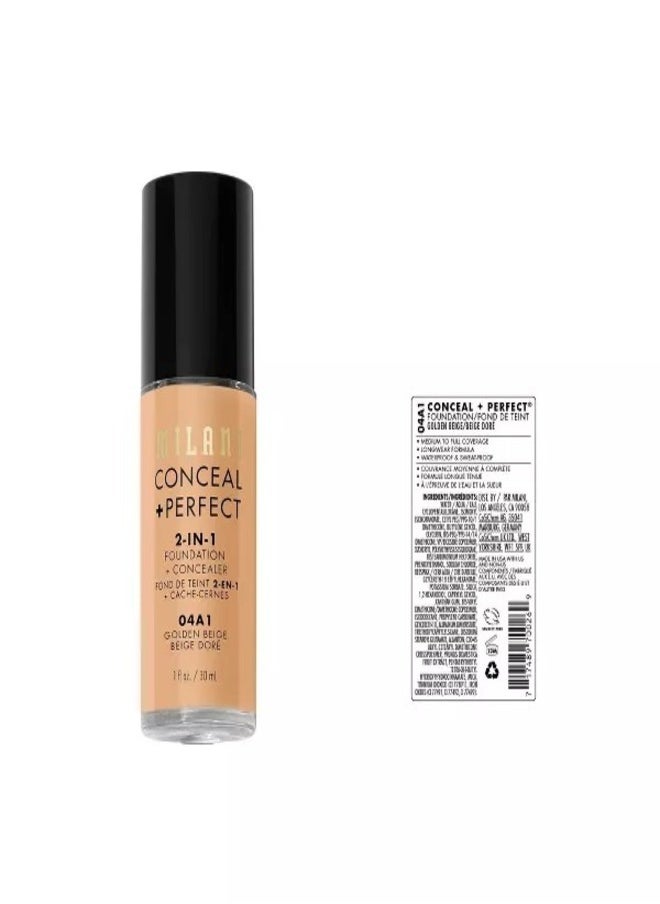 Milani Cosmetics Conceal + Perfect 2-In-1 Foundation + Concealer 04A1 Golden Beige 30ml – Full Coverage, Lightweight, Long-Lasting, Water-Resistant, Oil-Free, Vegan & Cruelty-Free