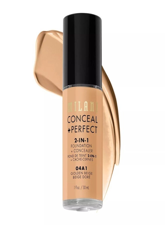 Milani Cosmetics Conceal + Perfect 2-In-1 Foundation + Concealer 04A1 Golden Beige 30ml – Full Coverage, Lightweight, Long-Lasting, Water-Resistant, Oil-Free, Vegan & Cruelty-Free