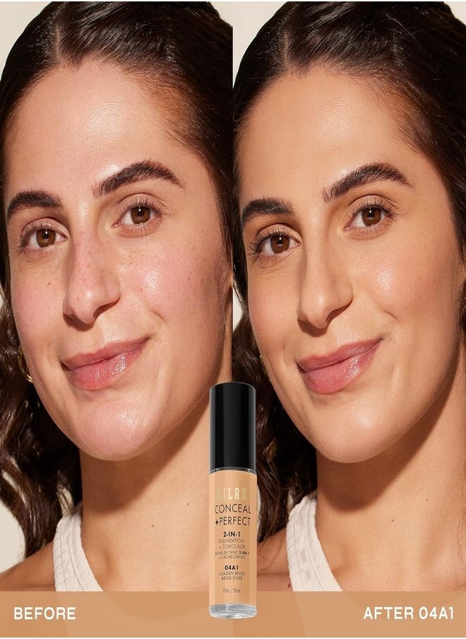 Milani Cosmetics Conceal + Perfect 2-In-1 Foundation + Concealer 04A1 Golden Beige 30ml – Full Coverage, Lightweight, Long-Lasting, Water-Resistant, Oil-Free, Vegan & Cruelty-Free