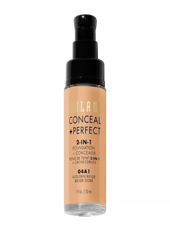 Milani Cosmetics Conceal + Perfect 2-In-1 Foundation + Concealer 04A1 Golden Beige 30ml – Full Coverage, Lightweight, Long-Lasting, Water-Resistant, Oil-Free, Vegan & Cruelty-Free