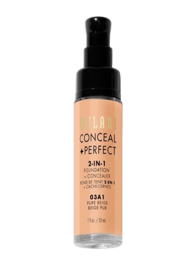 Milani Cosmetics Conceal + Perfect 2-In-1 Foundation + Concealer 03A1 Pure Beige 30ml – Full Coverage, Lightweight, Long-Lasting, Water-Resistant, Oil-Free, Vegan & Cruelty-Free