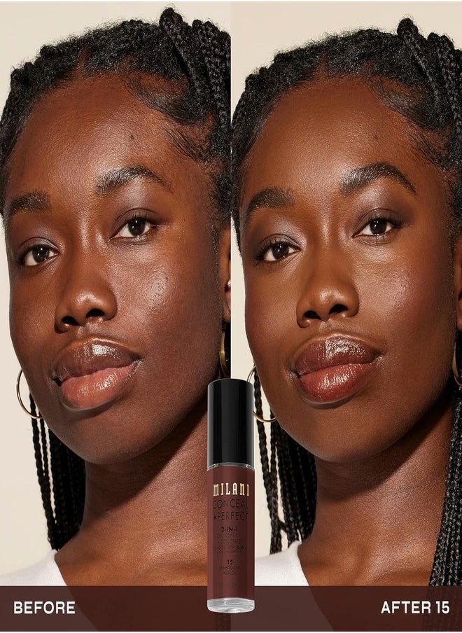 Milani Cosmetics Conceal + Perfect 2-In-1 Foundation + Concealer 15 Mahogany Acajou  30ml – Full Coverage, Lightweight, Long-Lasting, Water-Resistant, Oil-Free, Vegan & Cruelty-Free