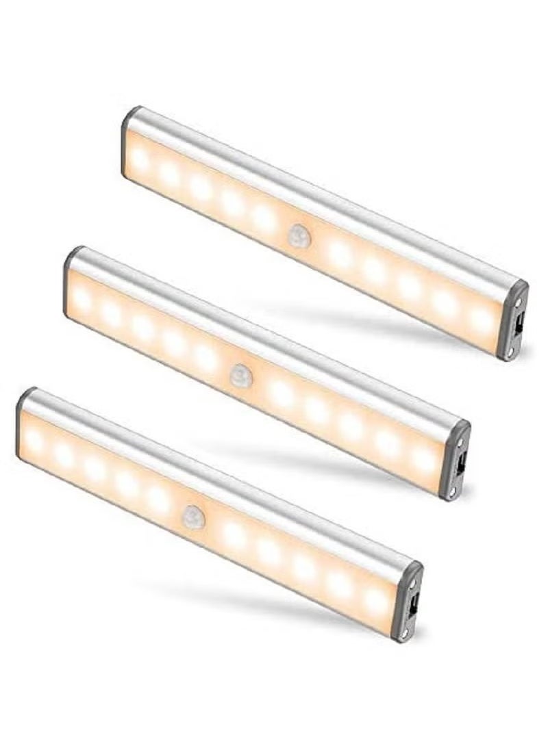 Motion Sensor Light for Room with Night Light, Stick Anywhere, Built-in Polymer Lithium Battery, USB Rechargeable, 10 LED Closet Lights Wardrobe Lighting LED Lights (Warm Color, 3 Pack)