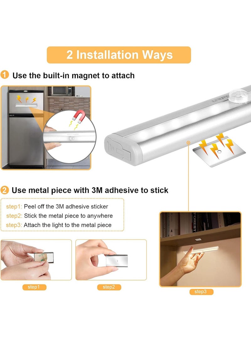 Motion Sensor Light Indoor, 10 LED Motion Sensor Closet Lights Battery Operated Magnetic Under Cabinet Lights Strip Wireless Stick Up Night Lights Bar for Hallway Stair (3 Pack, Warm White)