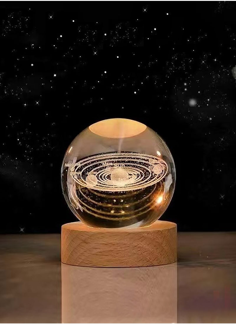 3D crystal ball night light children's glass ball night light with wooden base fantasy decoration gift LED galaxy planet night light birthday gift