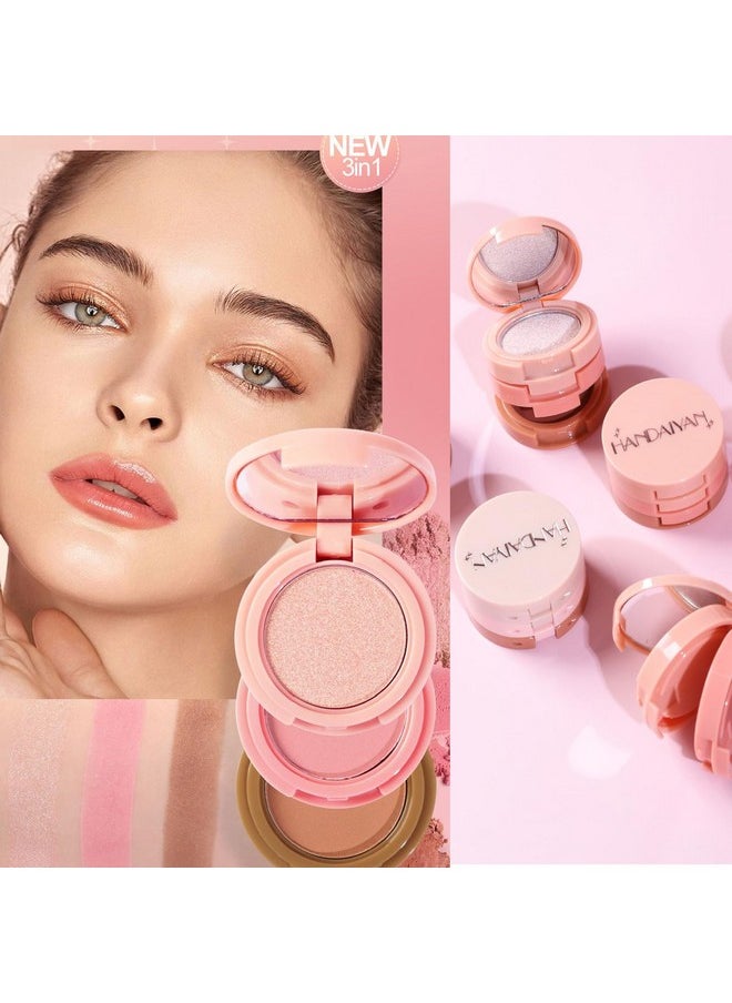3-In-1 Blendable Trio, Contour And Highlight Blush Makeup Palette, Cream Bronzer, Silky Smooth Powder Blush, Shimmer Highlighter Makeup Powder, Pink Brown Eyeshadow Palette With Mirror(02)