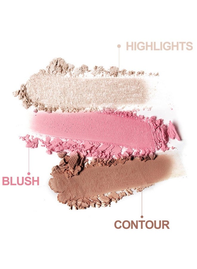 3-In-1 Blendable Trio, Contour And Highlight Blush Makeup Palette, Cream Bronzer, Silky Smooth Powder Blush, Shimmer Highlighter Makeup Powder, Pink Brown Eyeshadow Palette With Mirror(02)