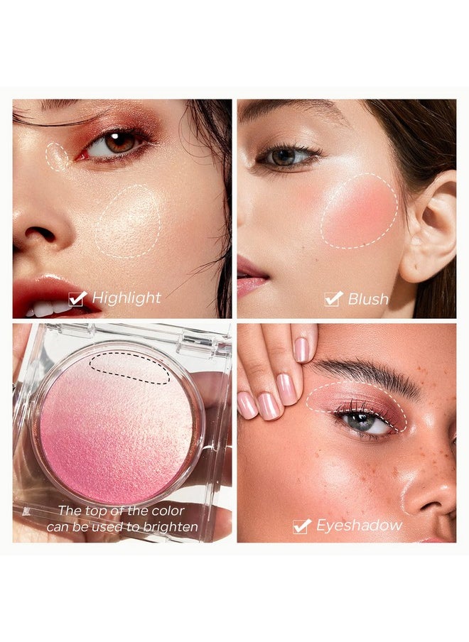 Pink Baked Powder Blush, Pink Glow Baked Powder For Blush And Highlighter, High Glossy Finish, Lightweight Blendable Shimmer Pressed Powder, Multiuse Baked Powder, 0.53 Oz