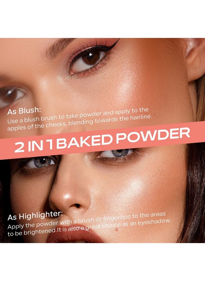Pink Baked Powder Blush, Pink Glow Baked Powder For Blush And Highlighter, High Glossy Finish, Lightweight Blendable Shimmer Pressed Powder, Multiuse Baked Powder, 0.53 Oz