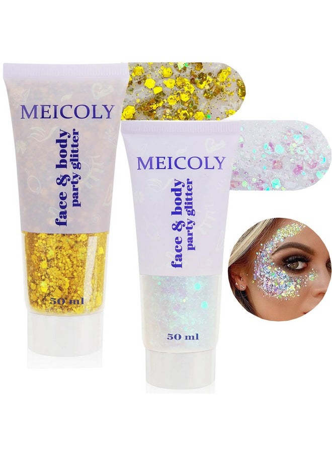 Gold And Clear White Face Body Glitter Set,Gold Face Glitter Gel,Singer Concerts Festival Rave Accessories,Sparkling Sequins Glitter Face Paint For Women And Kids,Chunky Glitter Makeup