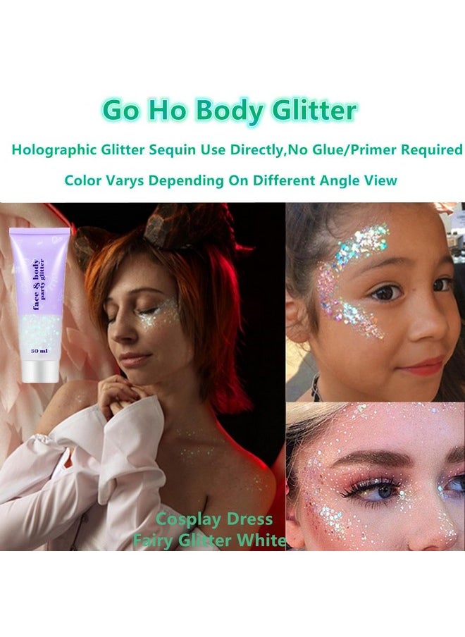 Clear White Body Glitter,Festival Rave Outfits For Women,Holographic White Face Glitter Gel,Mermaid Face Paint Glitter Sequins,Fairy White Makeup Chunky Glitter,Rave Accessories