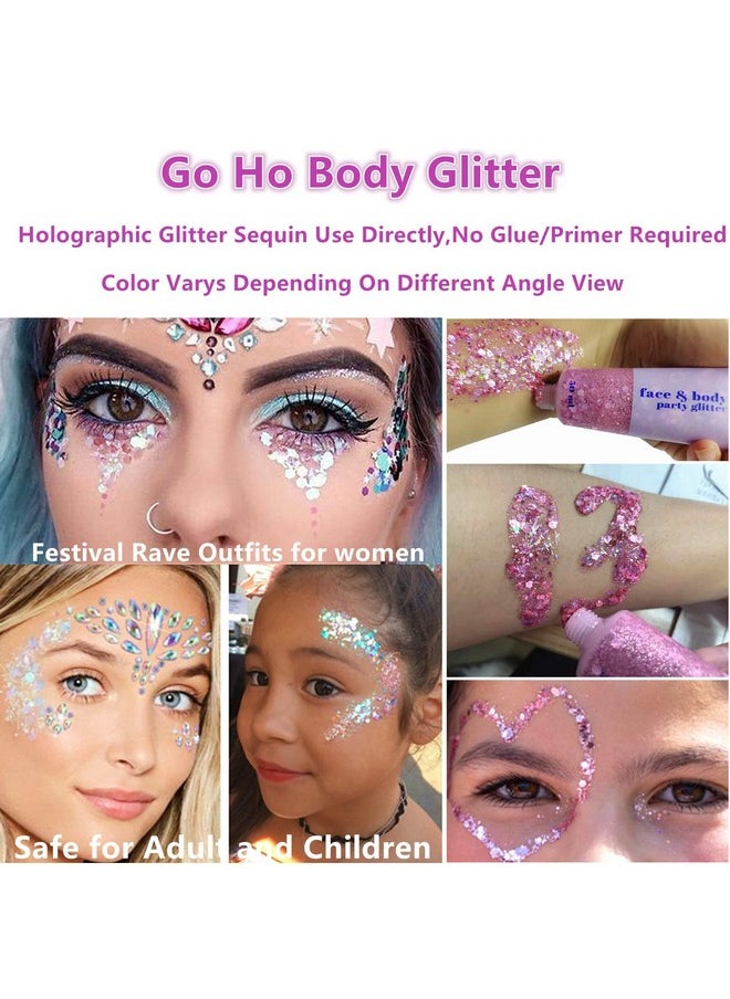 Pink Body Glitter Gel,Singer Concerts Pink Face Glitter Makeup,Holographic Chunky Sequins Glitter For Lip/Hair/Nails,Music Gift For Disco Outfit Woman,Festival Rave Accessories,Pink Glitter