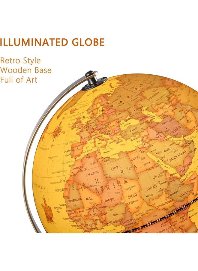 Illuminated World Globe for Adults & Kids with Wooden Stand,Built in LED Lamp for Illuminated Night View Antique Globe for Home Décor and Office Desktop 8inch