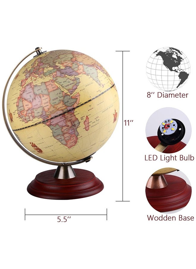 Illuminated World Globe for Adults & Kids with Wooden Stand,Built in LED Lamp for Illuminated Night View Antique Globe for Home Décor and Office Desktop 8inch